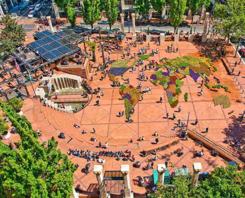 Bird's eye view of Pioneer Courthouse Square in Portland OR in the summer